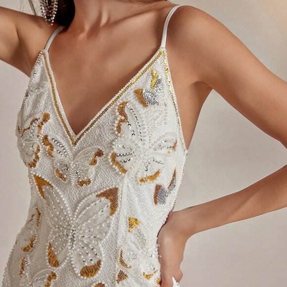 White Party Women's Design Sexy Sleeveless Embroidered Floral Dress - Picture 2 of 6